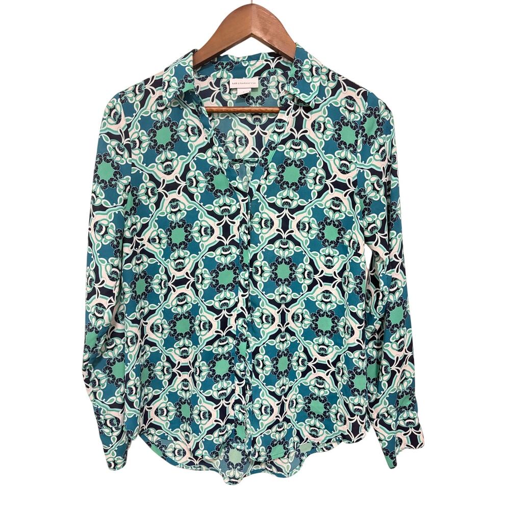 Liz Claiborne Womens S Teal Green Geometric Print Button Down Blouse Long Sleeve